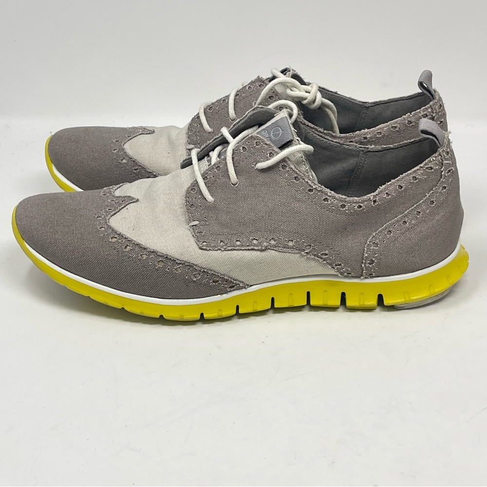 Cole Haan Zero Grand Shoes Womens 9 Gray Yellow Wingtip Canvas Lace Up Comfort